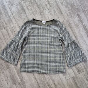 Allison Joy Monochrome Checkered Bell Sleeve Blouse